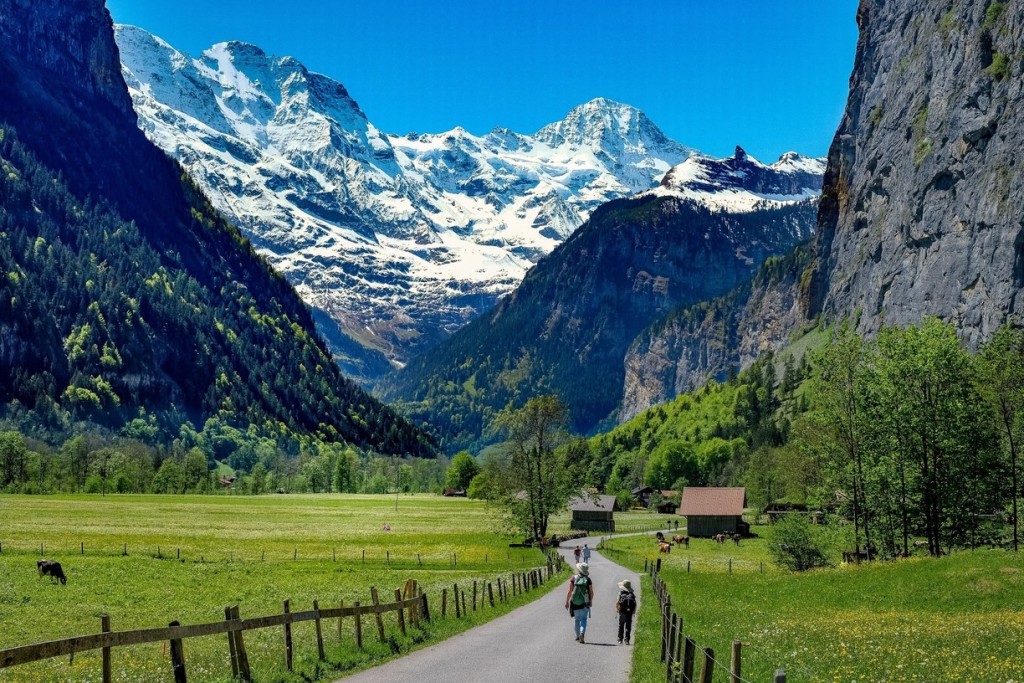 walking in the valley of Lauterbrunnen